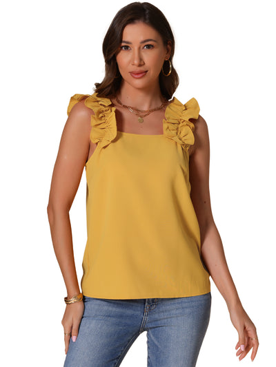 Sleeveless Ruffle Trim Square Neck Solid Casual Blouse