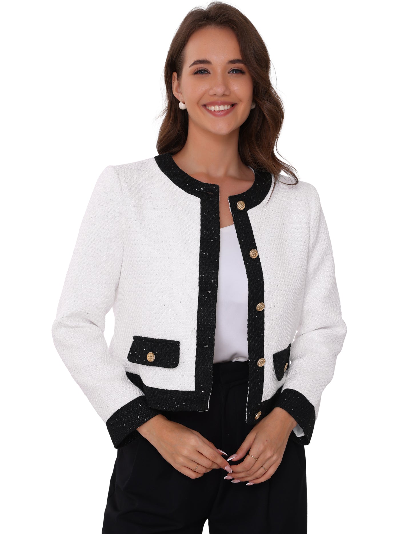 Allegra K Tweed Collarless Sequins Work Office Cropped Jackets