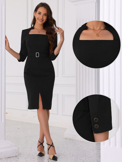 Solid Color 3/4 Sleeve Belted Slit Sheath Midi Dress