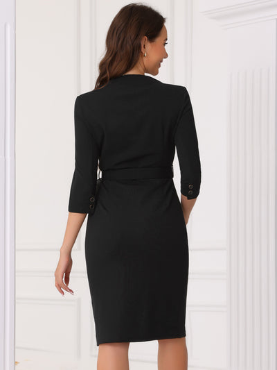 Solid Color 3/4 Sleeve Belted Slit Sheath Midi Dress