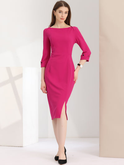 Elegant Boat Neck 3/4 Sleeves Work Midi Split Sheath Dress