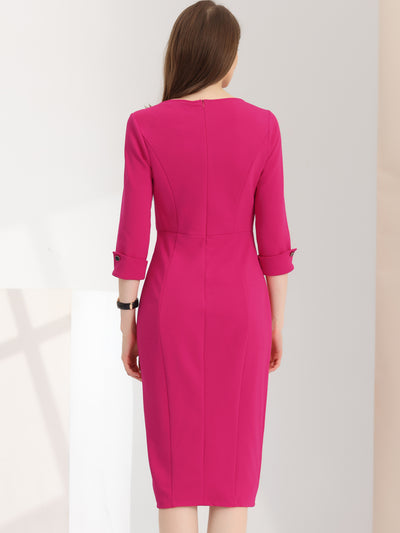 Elegant Boat Neck 3/4 Sleeves Work Midi Split Sheath Dress