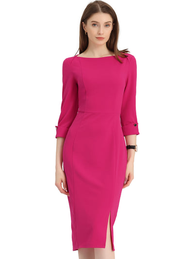 Elegant Boat Neck 3/4 Sleeves Work Midi Split Sheath Dress