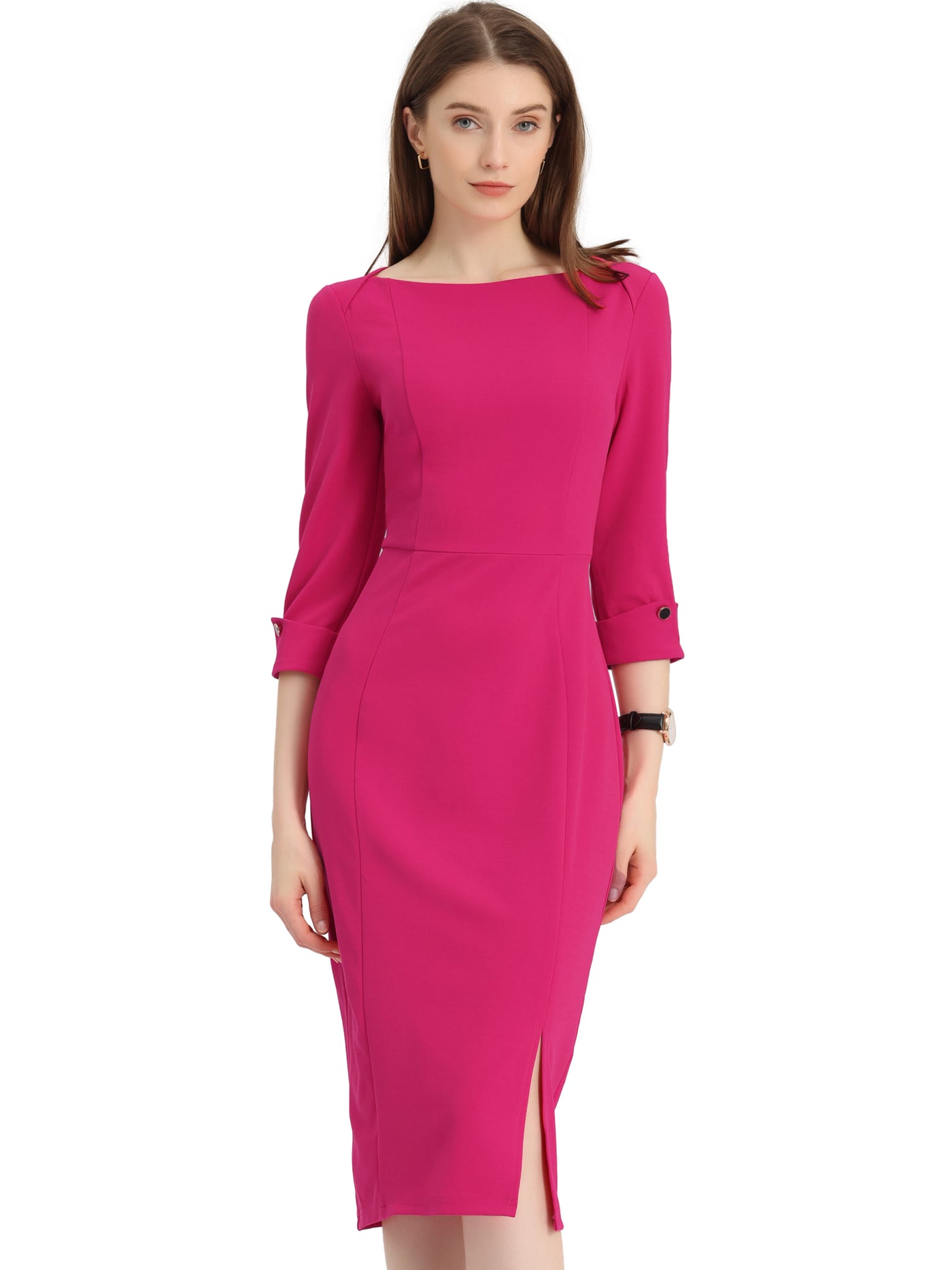 Allegra K Elegant Boat Neck 3/4 Sleeves Work Midi Split Sheath Dress