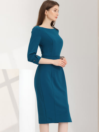 Elegant Boat Neck 3/4 Sleeves Work Midi Split Sheath Dress