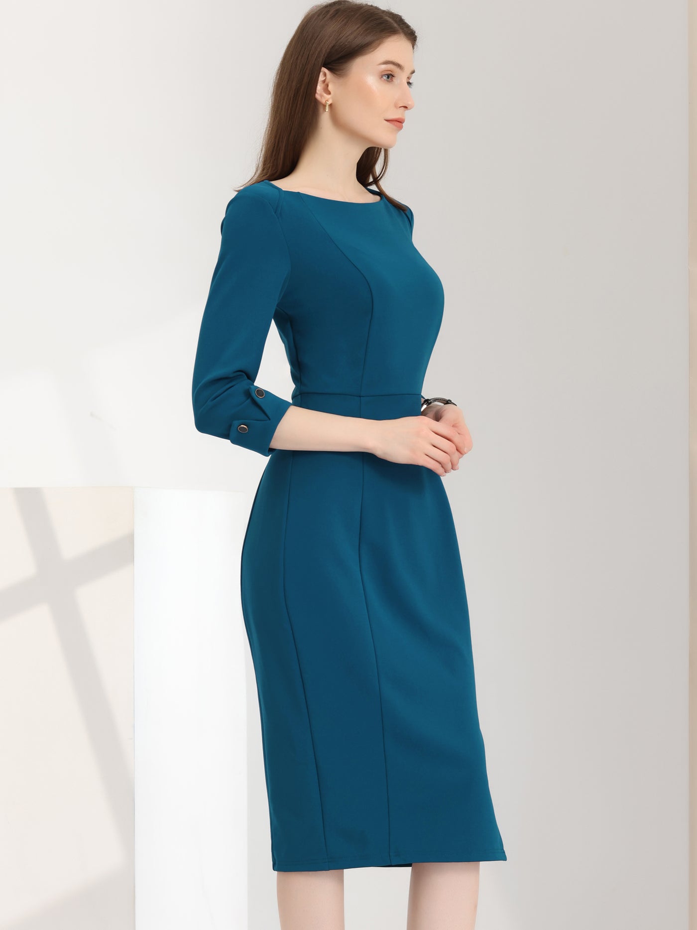 Allegra K Elegant Boat Neck 3/4 Sleeves Work Midi Split Sheath Dress