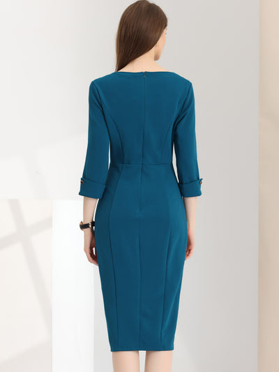 Elegant Boat Neck 3/4 Sleeves Work Midi Split Sheath Dress