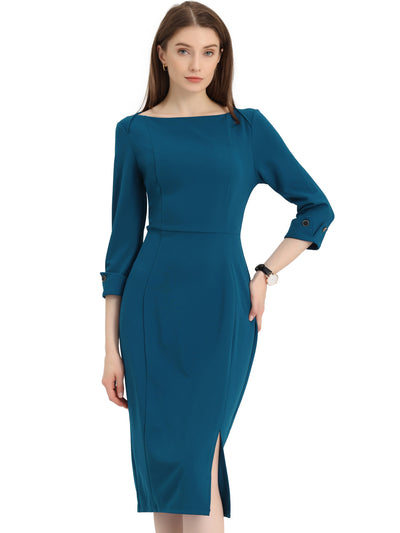 Elegant Boat Neck 3/4 Sleeves Work Midi Split Sheath Dress