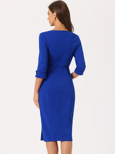 Elegant Boat Neck 3/4 Sleeves Work Midi Split Sheath Dress