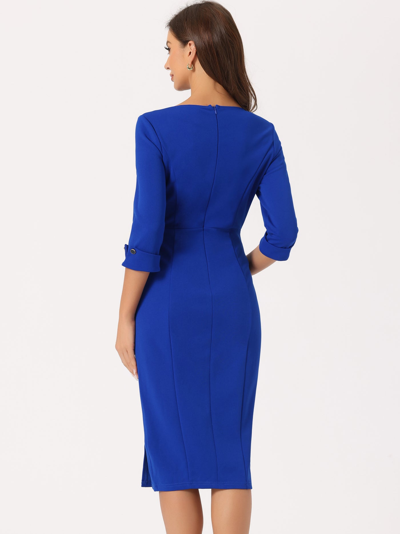 Allegra K Elegant Boat Neck 3/4 Sleeves Work Midi Split Sheath Dress