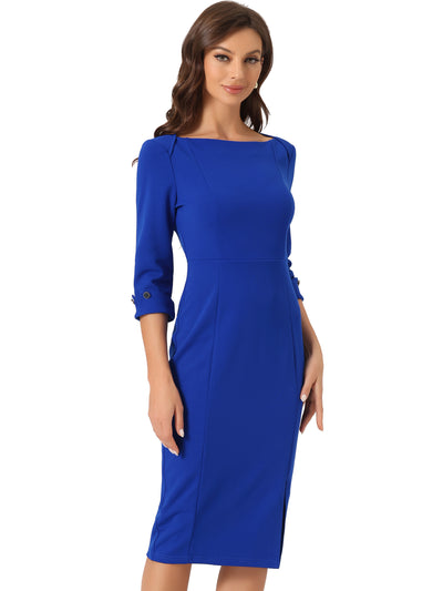 Elegant Boat Neck 3/4 Sleeves Work Midi Split Sheath Dress