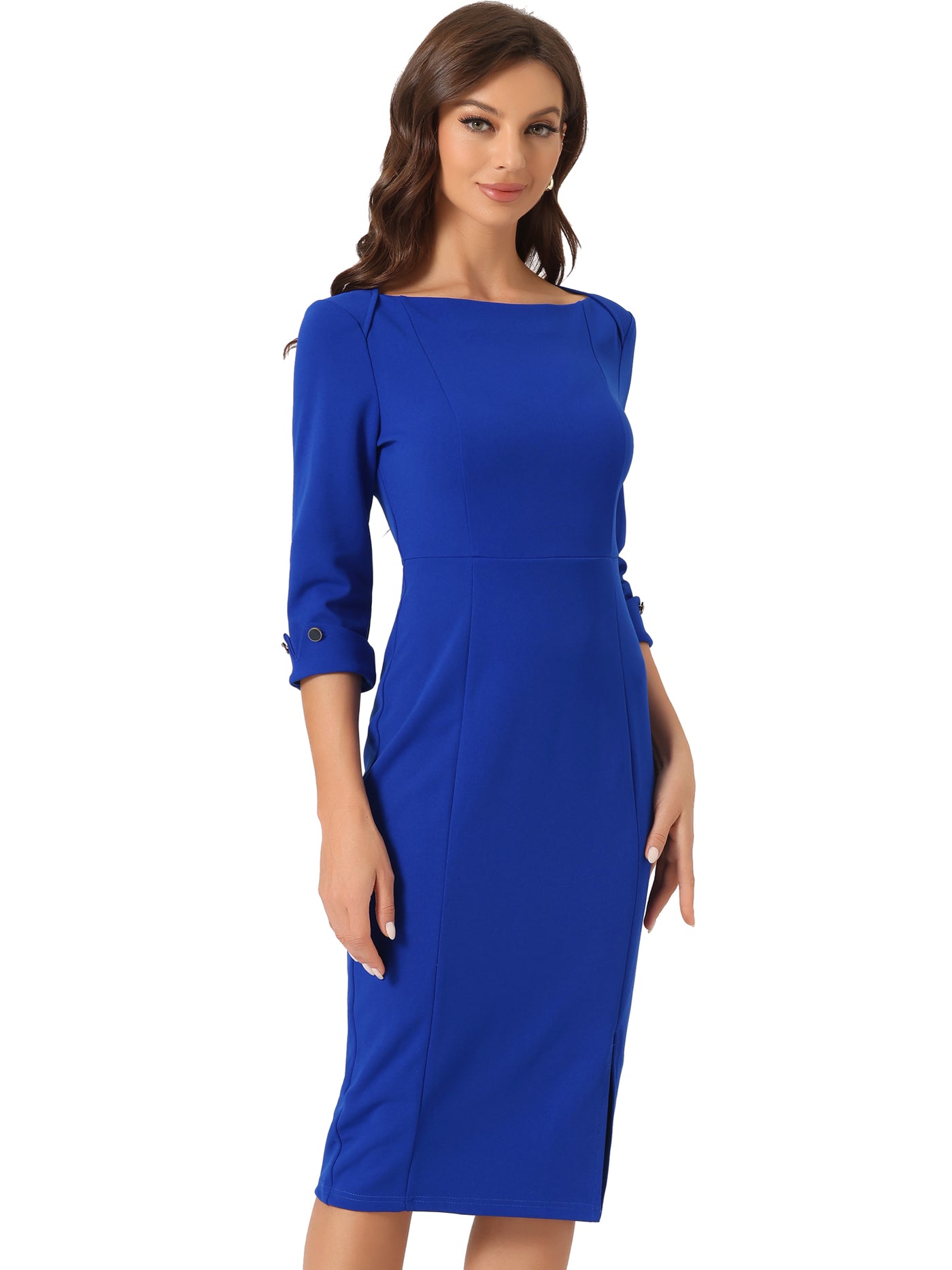 Allegra K Elegant Boat Neck 3/4 Sleeves Work Midi Split Sheath Dress