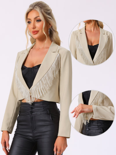 Allegra K Fringe Lapel One Button Party Cropped Jacket