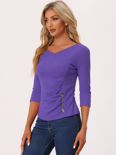 V Neck 3/4 Sleeves Solid Knitted Button Decor Ruched Blouse