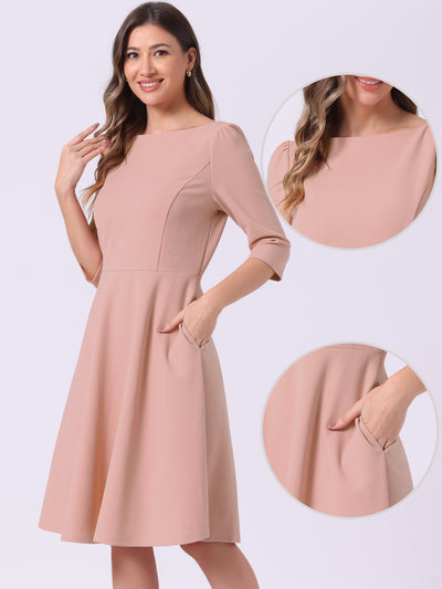 Boat Neck 3/4 Sleeves Midi Flared Office Dress