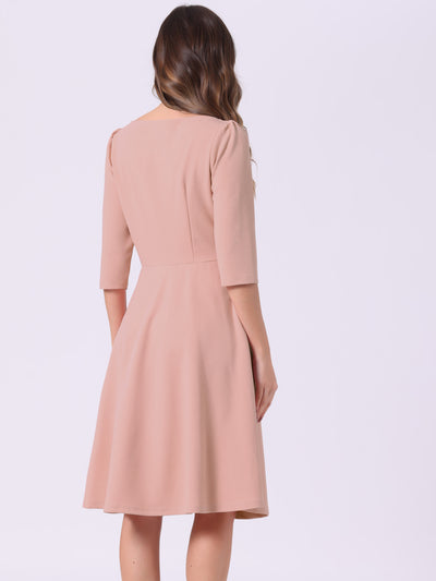 Boat Neck 3/4 Sleeves Midi Flared Office Dress