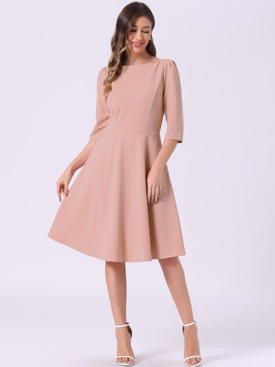 Boat Neck 3/4 Sleeves Midi Flared Office Dress