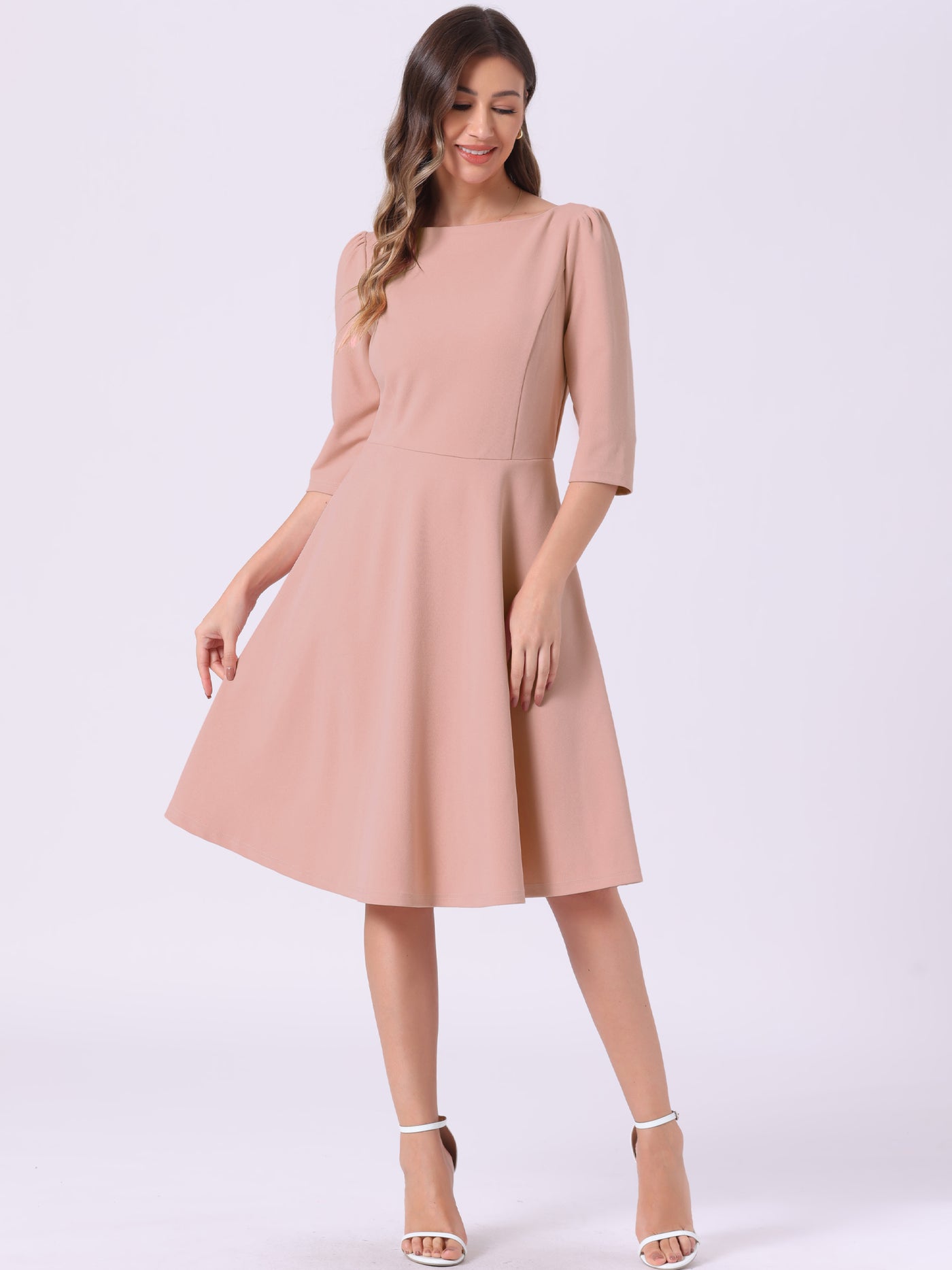 Allegra K Boat Neck 3/4 Sleeves Midi Flared Office Dress