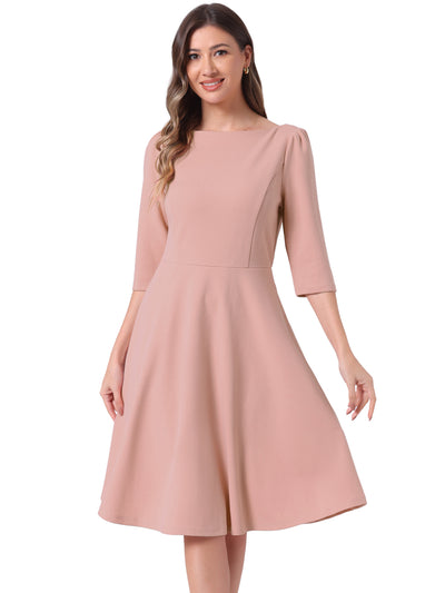 Boat Neck 3/4 Sleeves Midi Flared Office Dress