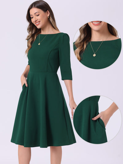 Boat Neck 3/4 Sleeves Midi Flared Office Dress