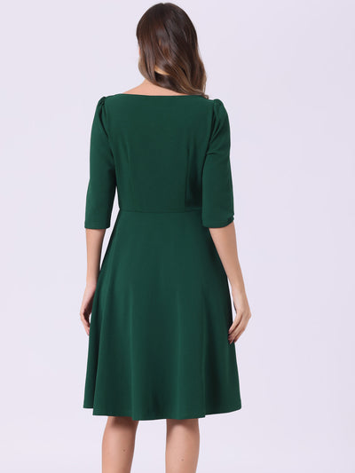 Boat Neck 3/4 Sleeves Midi Flared Office Dress