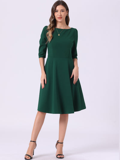 Boat Neck 3/4 Sleeves Midi Flared Office Dress