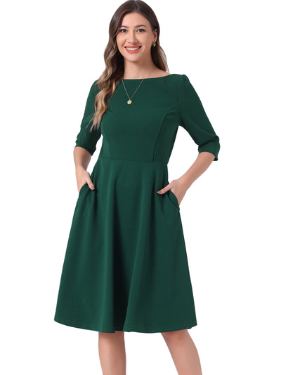 Boat Neck 3/4 Sleeves Midi Flared Office Dress