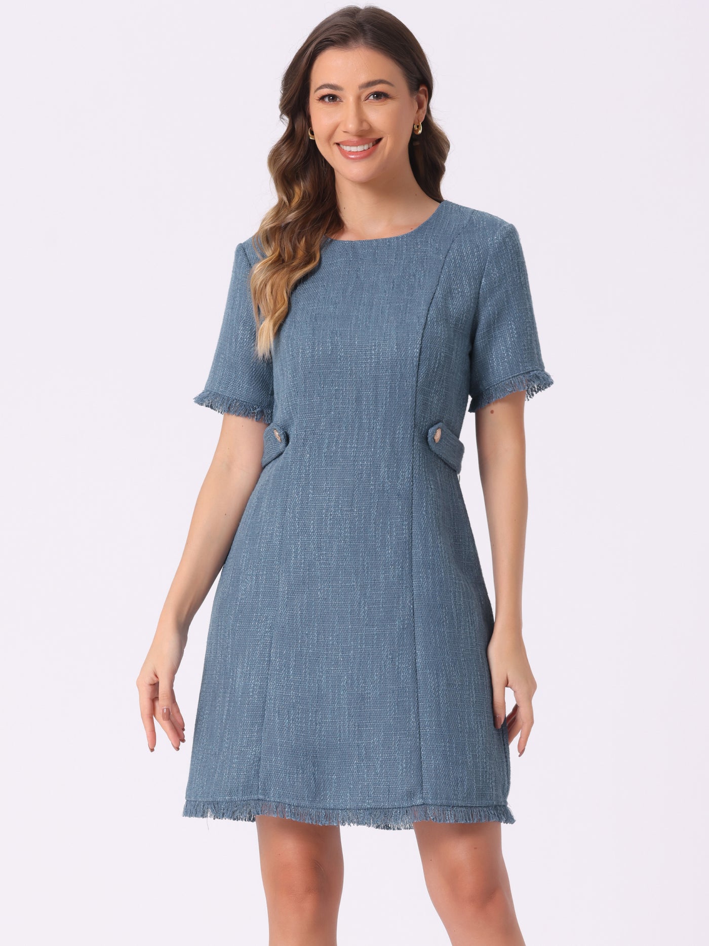 Allegra K Tweed Round Neck Short Sleeves Textured Mini Dress