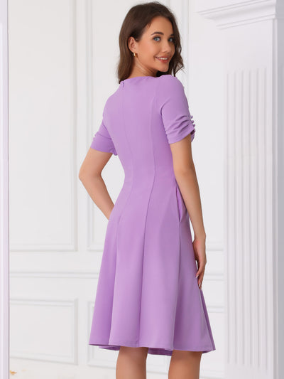 Square Neck Pleated Short Sleeve Pocketed Midi Dress