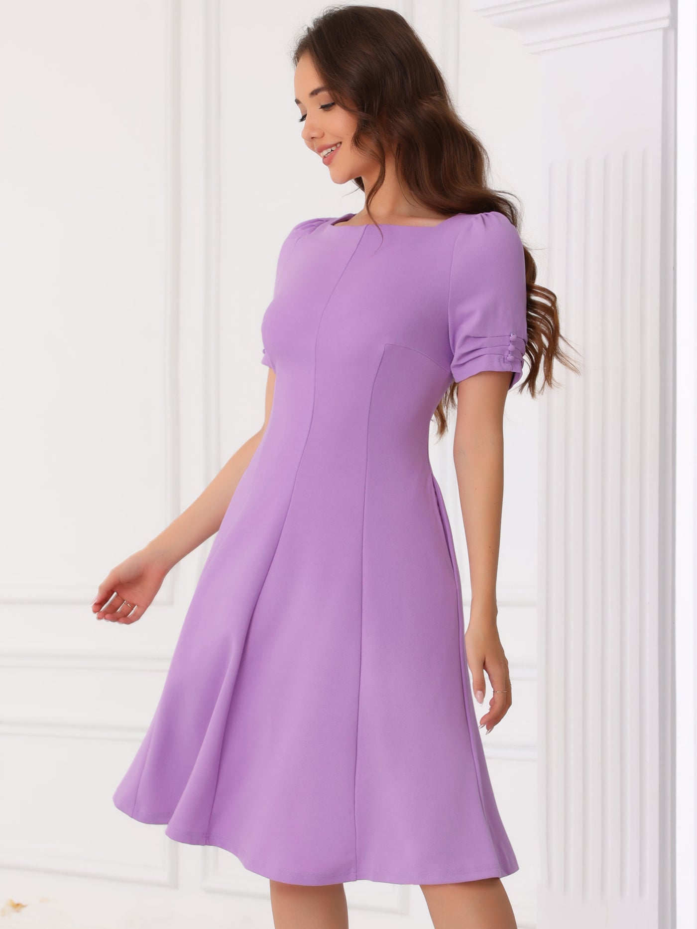 Allegra K Square Neck Pleated Short Sleeve Pocketed Midi Dress