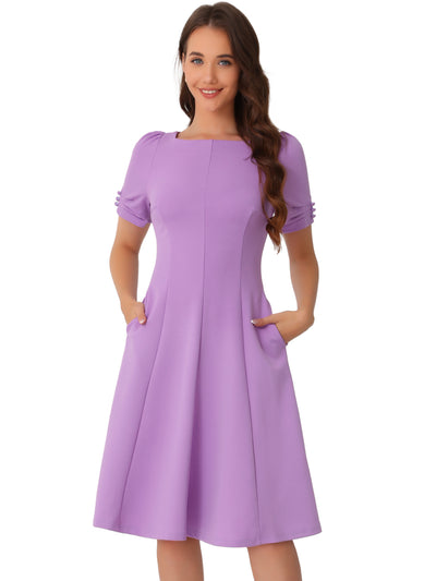 Square Neck Pleated Short Sleeve Pocketed Midi Dress