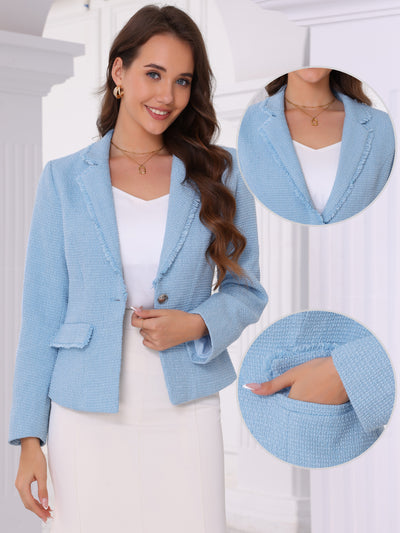 Tweed Notched Lapel One Button Cropped Blazer