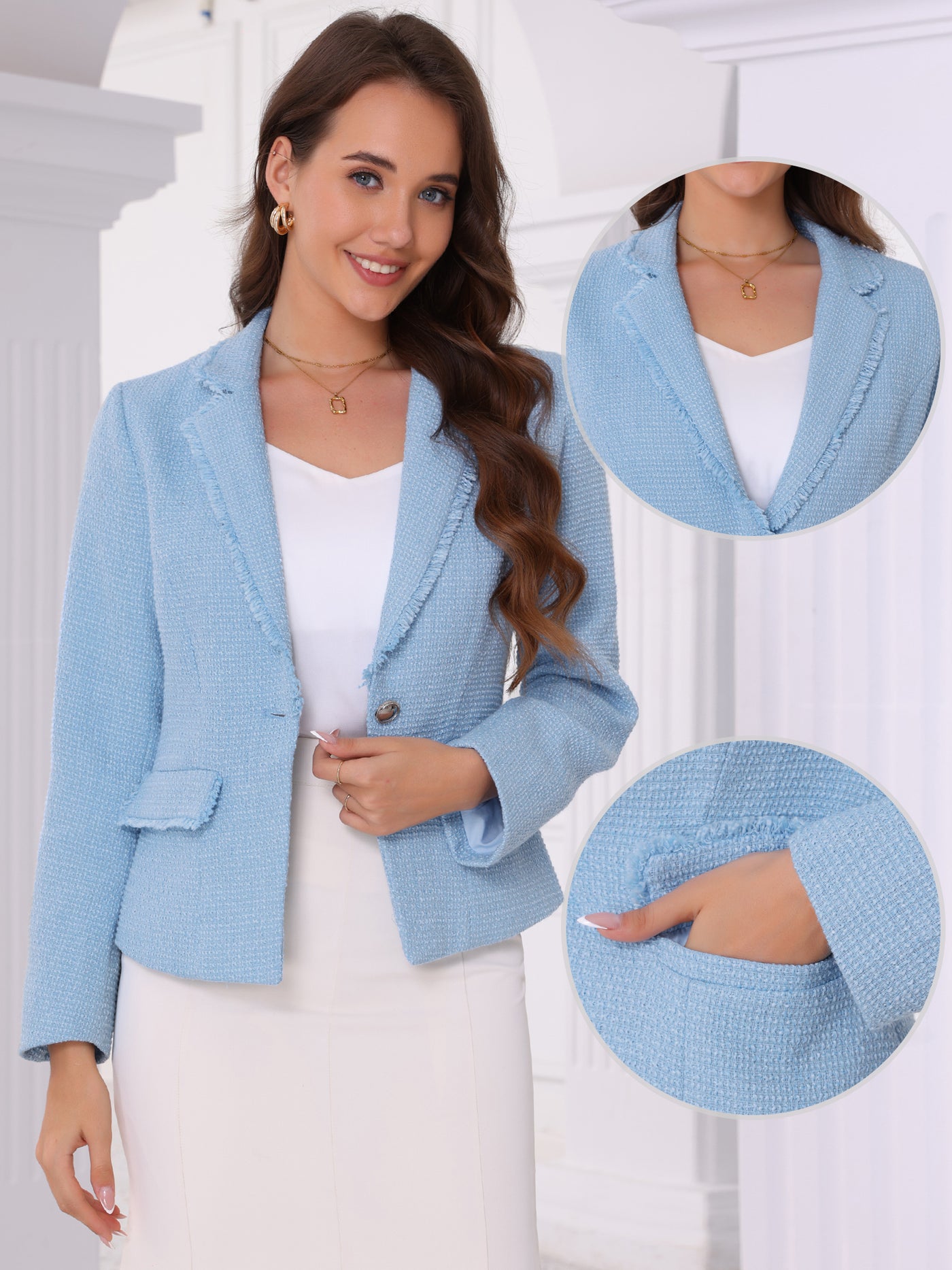 Allegra K Tweed Notched Lapel One Button Cropped Blazer