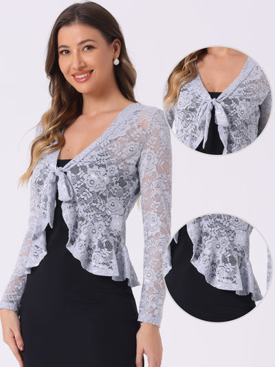 Floral Lace Shrug Tie Front Ruffled Hem Sheer Crop Bolero