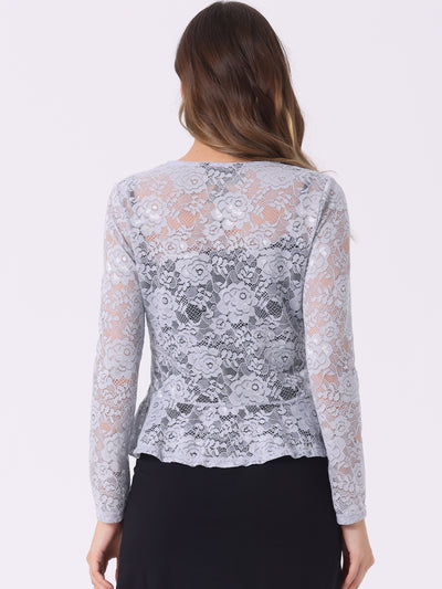 Floral Lace Shrug Tie Front Ruffled Hem Sheer Crop Bolero