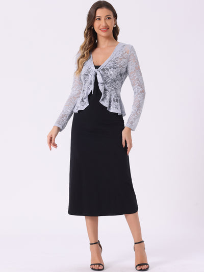 Floral Lace Shrug Tie Front Ruffled Hem Sheer Crop Bolero