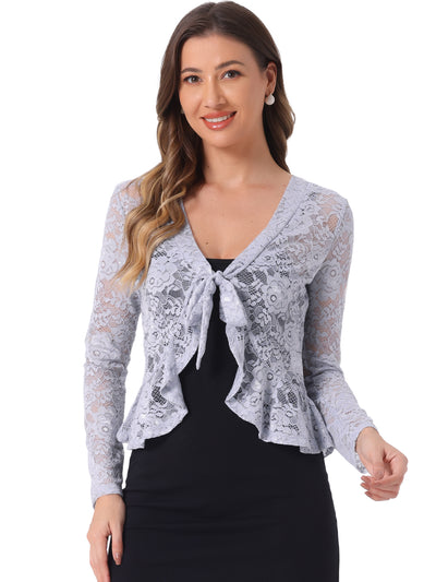 Floral Lace Shrug Tie Front Ruffled Hem Sheer Crop Bolero