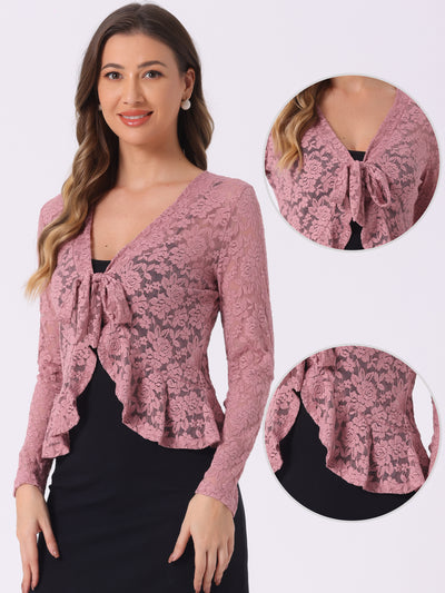 Floral Lace Shrug Tie Front Ruffled Hem Sheer Crop Bolero