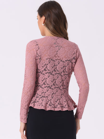 Floral Lace Shrug Tie Front Ruffled Hem Sheer Crop Bolero