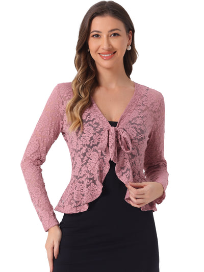 Floral Lace Shrug Tie Front Ruffled Hem Sheer Crop Bolero