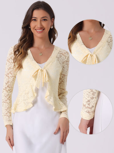 Floral Lace Shrug Tie Front Ruffled Hem Sheer Crop Bolero