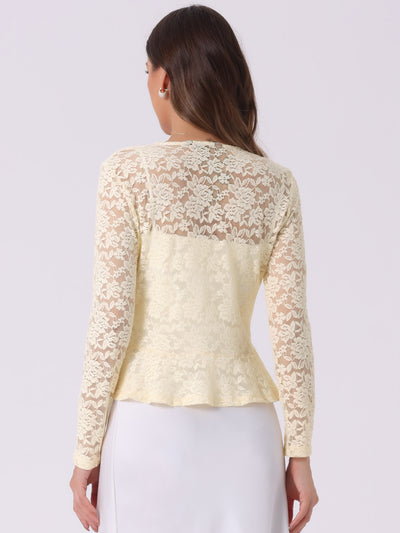 Floral Lace Shrug Tie Front Ruffled Hem Sheer Crop Bolero