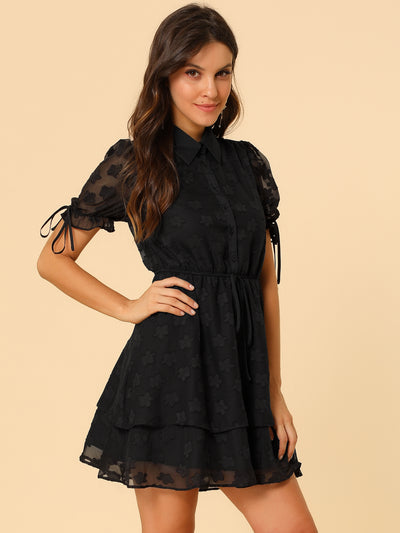 Peter Pan Collar Floral Drawstring Chiffon Layered Dress