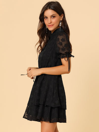 Peter Pan Collar Floral Drawstring Chiffon Layered Dress