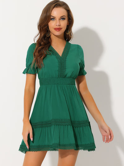 Boho Puff Sleeve V Neck Smocked Waist Ruffled Tiered Dress