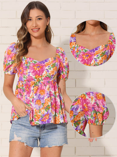 Floral Summer Peplum Tops for Women's Square Neck Smocked Casual Shirts Blouse