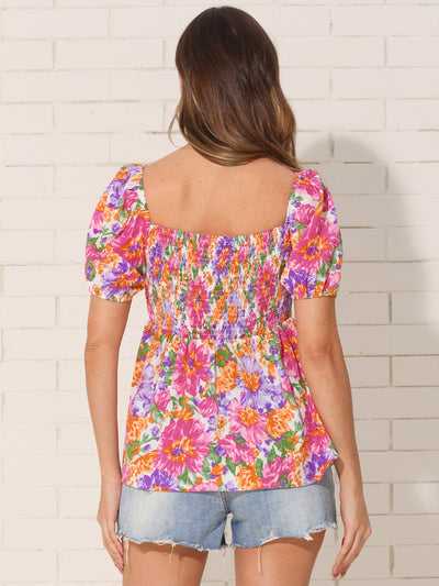 Floral Summer Peplum Tops for Women's Square Neck Smocked Casual Shirts Blouse