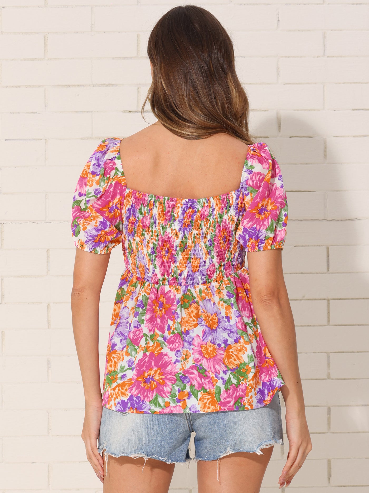 Allegra K Floral Summer Peplum Tops for Women's Square Neck Smocked Casual Shirts Blouse