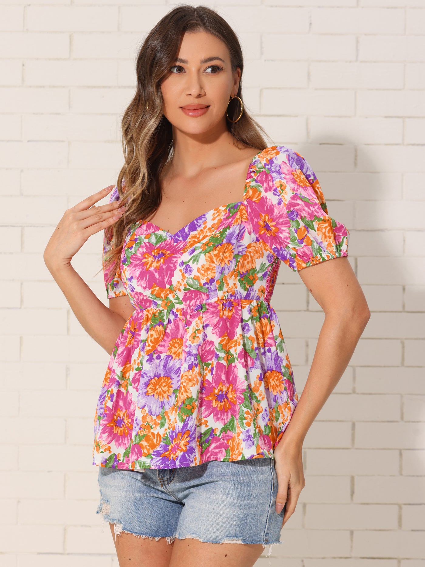 Allegra K Floral Summer Peplum Tops for Women's Square Neck Smocked Casual Shirts Blouse