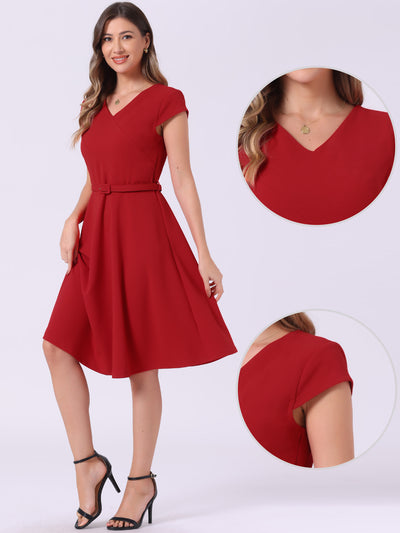 Belted V Neck Cap Sleeve Flowy A-line Midi Dress